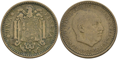 Испания 1 песета 1953 (?) Франсиско Франко (1939-1975) KM 775 алюминиевая бронза 3336-142