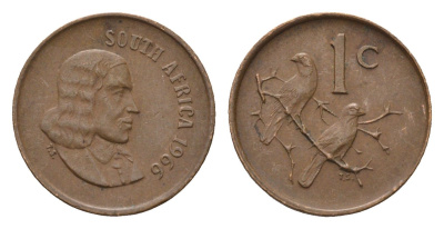 ЮАР 1 цент 1966 Ян ван Рибек (1619-1677), South Africa, легенда на африкаанс, капские воробьи KM 65.1 бронза 4690-1149