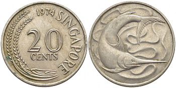 СИНГАПУР 20 ЦЕНТОВ 1974 ГОЛУБОЙ МАРЛИН, ТУНЕЦ KM 4 медно-никель 4448-515