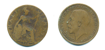 Великобритания 1/2 пенни 1916 Георг V (1910-1936) KM 809, Spink 4056 бронза 4383-356