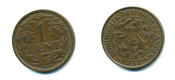 НИДЕРЛАНДЫ 1 ЦЕНТ 1937 ВИЛЬГЕЛЬМИНА (1890-1948) KM 152 бронза 35-1325