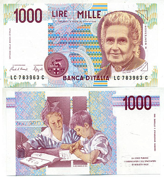 Италия 1000 лир 1990 Мария Монтессори Pick 114а бумага UNC (пресс) 7551-44-3-2
