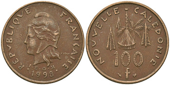 Французская Новая Каледония 100 франков 1998 хижина среди сосен и пальм, (IEOM) KM 15, Schoen 16, Lec 139b никель бронза 88-1232