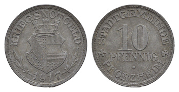 Пфорцгейм 10 пфеннигов 1917 Funck 423.1, Men05 20430.1, Men18 25604.1 цинк 4636-1214