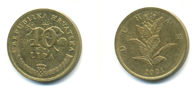 Хорватия 10 лип 2001 табак обыкновенный, легенда на хорватском KM 6 сталь плакированная латунью 3999-856