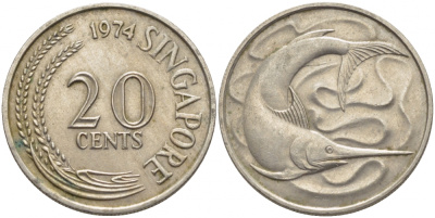 СИНГАПУР 20 ЦЕНТОВ 1974 ГОЛУБОЙ МАРЛИН, ТУНЕЦ KM 4 медно-никель 4448-515