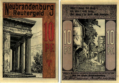 НОЙБРАНДЕНБУРГ 10 ПФЕННИГОВ 1922 НОТГЕЛЬД, 1922 - 31 МАЯ 1922, ЗЕМЛЯ МЕКЛЕНБУРГ-ПЕРЕДНЯЯ ПОМЕРАНИЯ Grabowski 935.1 бумага 6318-48-3-1