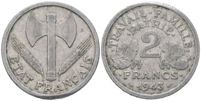 Франция 2 франка 1943 KM 904.2, Le Franc 270 алюминий 4582-227