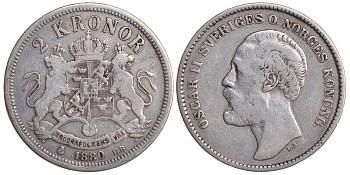Швеция 2 кроны 1880 EB, Оскар II (1872-1907) король Швеции и Норвегии KM 742 серебро 4178-1112
