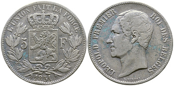Бельгия 5 франков 1851 Леопольд I (1831-1865) KM 17 серебро 00-1067-3-53