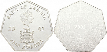 Замбия 4000 квача 2001 календарь, семиугольная KM 175 серебро PROOF 11-073-31
