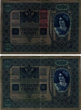 АВСТРИЯ 1000 КРОН 1919 КРАСНАЯ ВЕРТИКАЛЬНАЯ НАДПЕЧАТКА НА 1902 Pick 59 бумага 7486-34-1