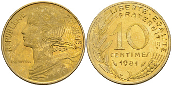 Франция 10 сантимов 1981 тип Марианна KM 929 медь алюминий никель 4594-1214