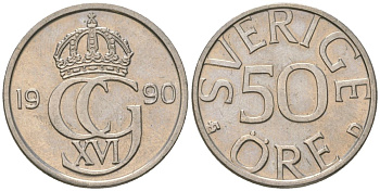 Швеция 50 эре 1990 D, Карл XVI Густав (1973-) KM 855 медно-никель UNC 4617-1155