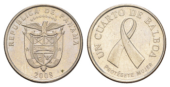 Панама 1/4 бальбоа (25 сентесимо) 2008 Рак молочной железы KM 137 медь плакированная медно-никелем 4646-257