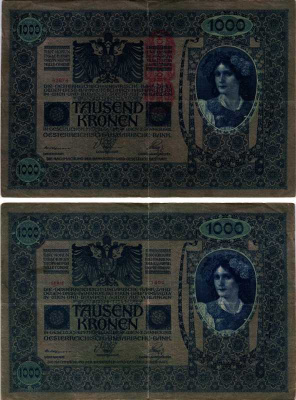 АВСТРИЯ 1000 КРОН 1919 КРАСНАЯ ВЕРТИКАЛЬНАЯ НАДПЕЧАТКА НА 1902 Pick 59 бумага 7486-34-1