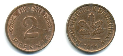 ФРГ 2 пфеннига 1971 G KM 106a, J.381a сталь плакированная медью 3999-1142