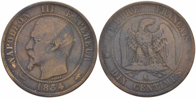 ФРАНЦИЯ 10 САНТИМОВ 1854 A, НАПОЛЕОН III (1852-1870) KM 771.1, LE FRANC 133.10 бронза 38-923