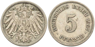 ГЕРМАНИЯ 5 ПФЕННИГОВ 1907 E KM 11, J. 12 медно-никель 105-124