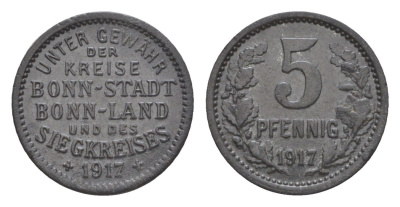 Бонн и Зигкрайс (Пруссия, Рейн) 5 пфеннигов 1917 Funck 52.1, Men05 3234.1, Men18 4150.1 цинк 4639-131