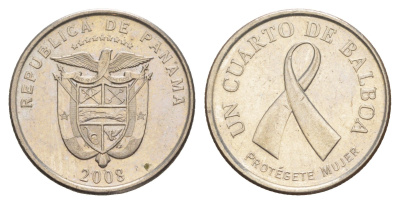 Панама 1/4 бальбоа (25 сентесимо) 2008 Рак молочной железы KM 137 медь плакированная медно-никелем 4646-257