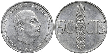 Испания 50 сентимо 1966 (68) Франсиско Франко (1939-1975) KM 795 алюминий 4171-424