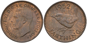 Великобритания 1 фартинг 1952 Георг VI (1936-1952) KM 867, Spink 4119 бронза 4596-1027