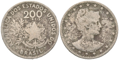 Бразилия 200 реалов 1901 MCMI, голова свободы вправо KM 504 медно-никель 4612-141