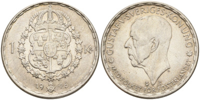 Швеция 1 крона 1946 TS, Густав V (1907-1950) KM 814 серебро 4148-1034
