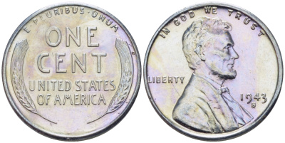 США 1 цент 1943 S (Сан-Франциско), Авраам Линкольн KM 132 a сталь плакированная цинком 39-136