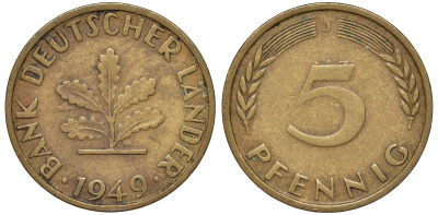ФРГ 5 пфеннигов 1949 J KM 102 сталь плакированная бронзой 4174-513