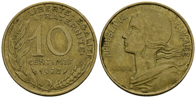 Франция 10 сантимов 1978 тип Marianne KM 929 алюминиевая бронза 4136-417