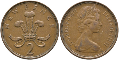 Великобритания 2 пенса 1971 Елизавета II (1952-2022) KM 916, Spink 4235 (C1) бронза 65-926