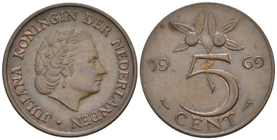 Нидерланды 5 центов 1969 Юлиана (1948-1980) KM 181 бронза 259-1057