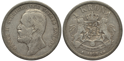 Швеция 1 крона 1898 ЕВ, Оскар II (1872-1907) король Швеции и Норвегии KM 760 серебро 1530-923