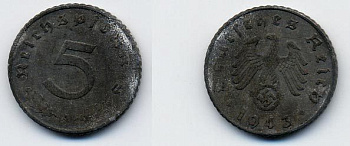 ГЕРМАНИЯ 5 РЕЙХСПФЕННИГОВ 1943 A, KM 100, J. 370 цинк 36-555