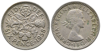 Великобритания 6 пенсов 1958 Елизавета II (1952-2022) KM 903, Spink 4149 медно-никель 220-866