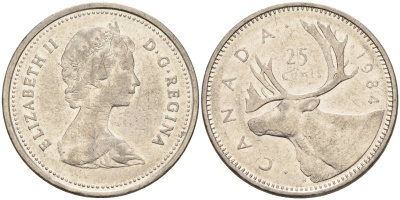 Канада 25 центов 1984 Елизавета II (1952-), олень, второй портрет в короне KM 74 никель 4143-1235