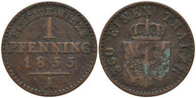 Пруссия 1 пфенниг 1855 A, Фридрих Вильгельм IV (1840-1861) KM 451 медь 4532-211