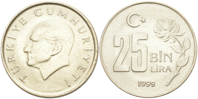 Турция 25000 лир 1999 Мустафа Кемаль Ататюрк KM 1041 медь никель цинк 106-727