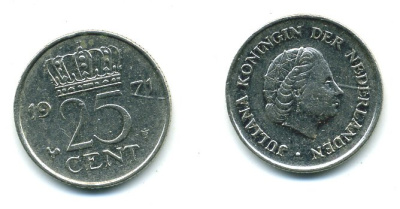 НИДЕРЛАНДЫ 25 ЦЕНТОВ 1971 ЮЛИАНА KM 183 никель 54-1143