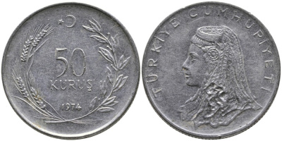 Турция 50 курушей 1974 Анатолийская невеста KM 899 нержавеющая сталь 4541-917