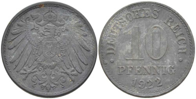 ГЕРМАНИЯ 10 ПФЕННИНГОВ 1922 KM 26, J.299, Weege 8 цинк 202-226