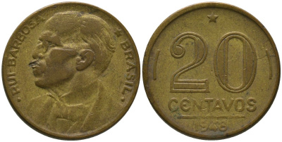 Бразилия 20 сентаво 1948 Руй Барбоза ди Оливейра KM 562, Schon 65 алюминиевая бронза 4567-835