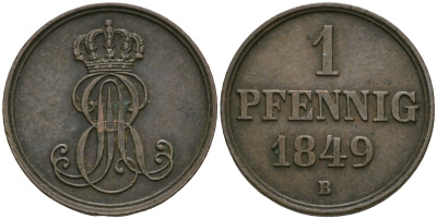 Ганновер 1 пфенниг 1849 B, Эрнст Август (1837-1851) KM 201.1, AKS 129, J. 74 медь 4608-1043