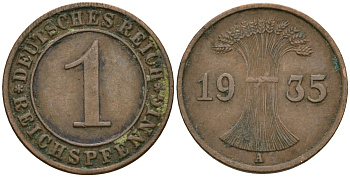 Германия 1 рейхспфенниг 1935 A KM 37, J. 313 бронза 4189-1261
