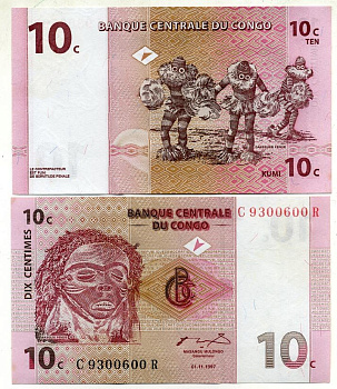 ДР Конго 10 сантимов 1997 маска пенде, танцоры пенде Pick 82 a бумага UNC (пресс) 448-64-2