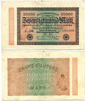 ГЕРМАНИЯ 20000 МАРОК 1923 20 ФЕВРАЛЯ 1923, ВОДЯНОЙ ЗНАК L Pick 85 a бумага 7547-81-1