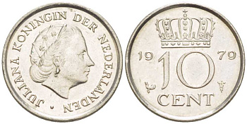 НИДЕРЛАНДЫ 10 ЦЕНТОВ 1979 ЮЛИАНА (1948-1980) KM 182 никель 211-1248