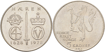 Норвегия 5 крон 1978 350 лет Норвежской армии KM 423 медно-никель  UNC  4140-1144